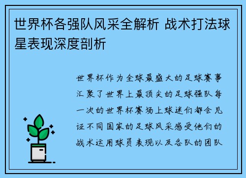 世界杯各强队风采全解析 战术打法球星表现深度剖析